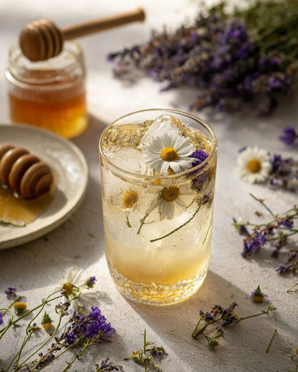 Glass of Lavender Chamomile Iced Tea with lavender flowers