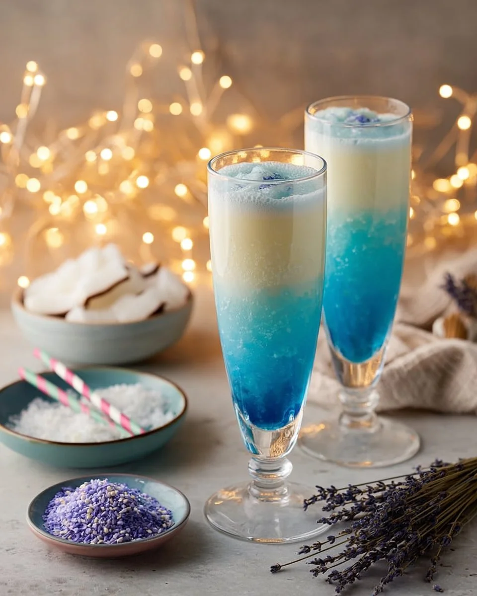 Lavender Coconut Latte topped with butterfly pea flower, a colorful and aromatic drink.