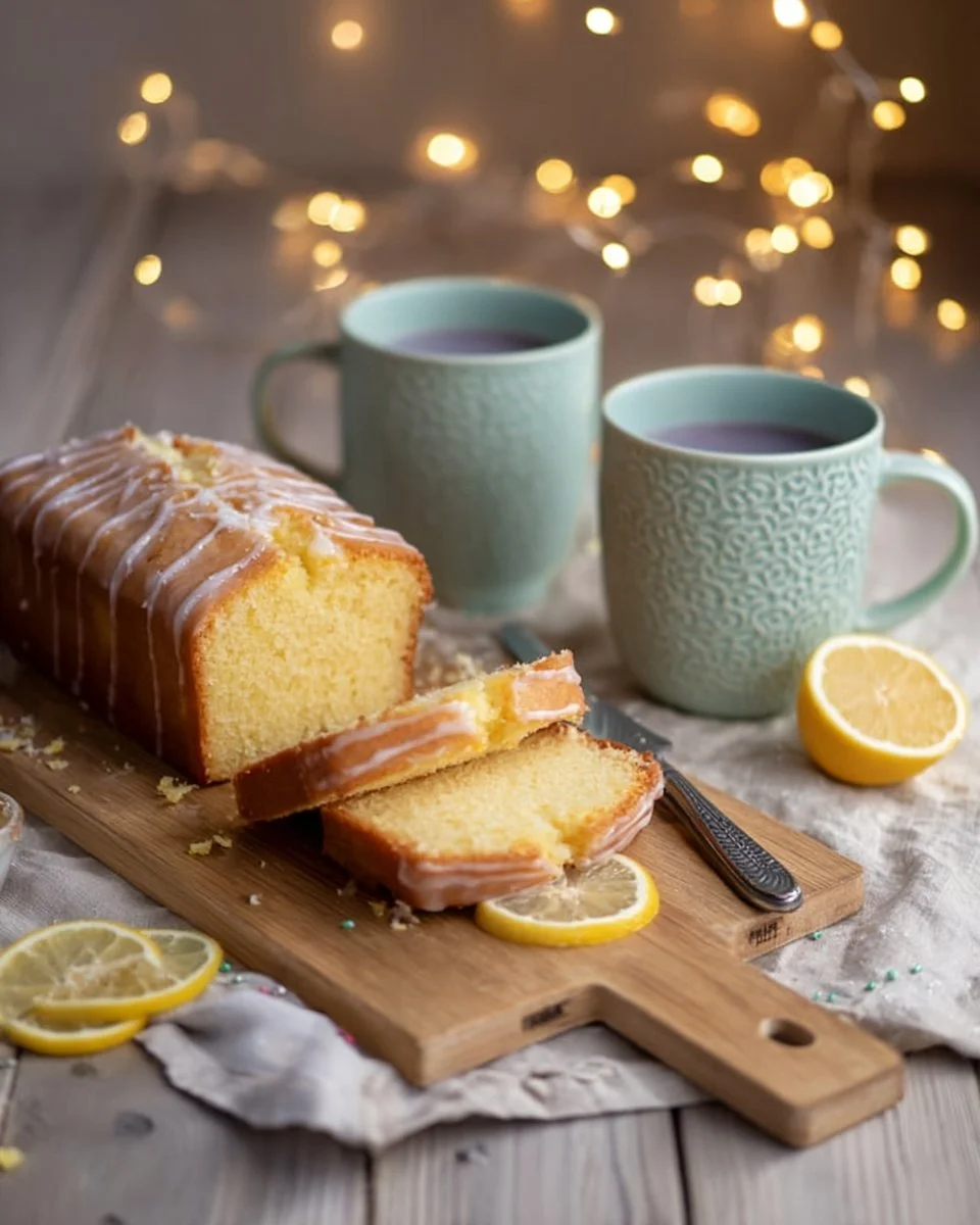 Lavender Lemon Loaf Cake garnished with lemon slices and lavender sprigs