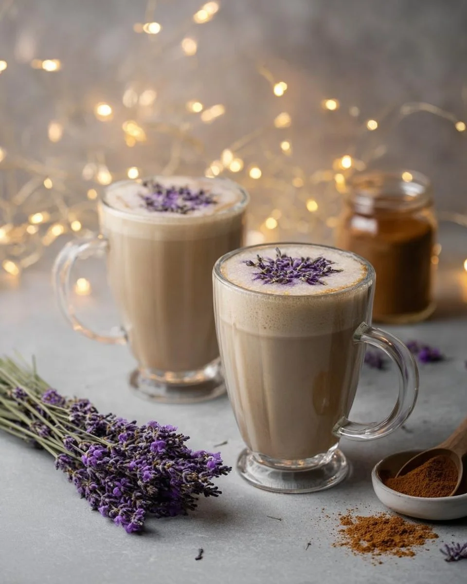 Cup of Lavender Vanilla Chai tea with lavender flowers and vanilla beans