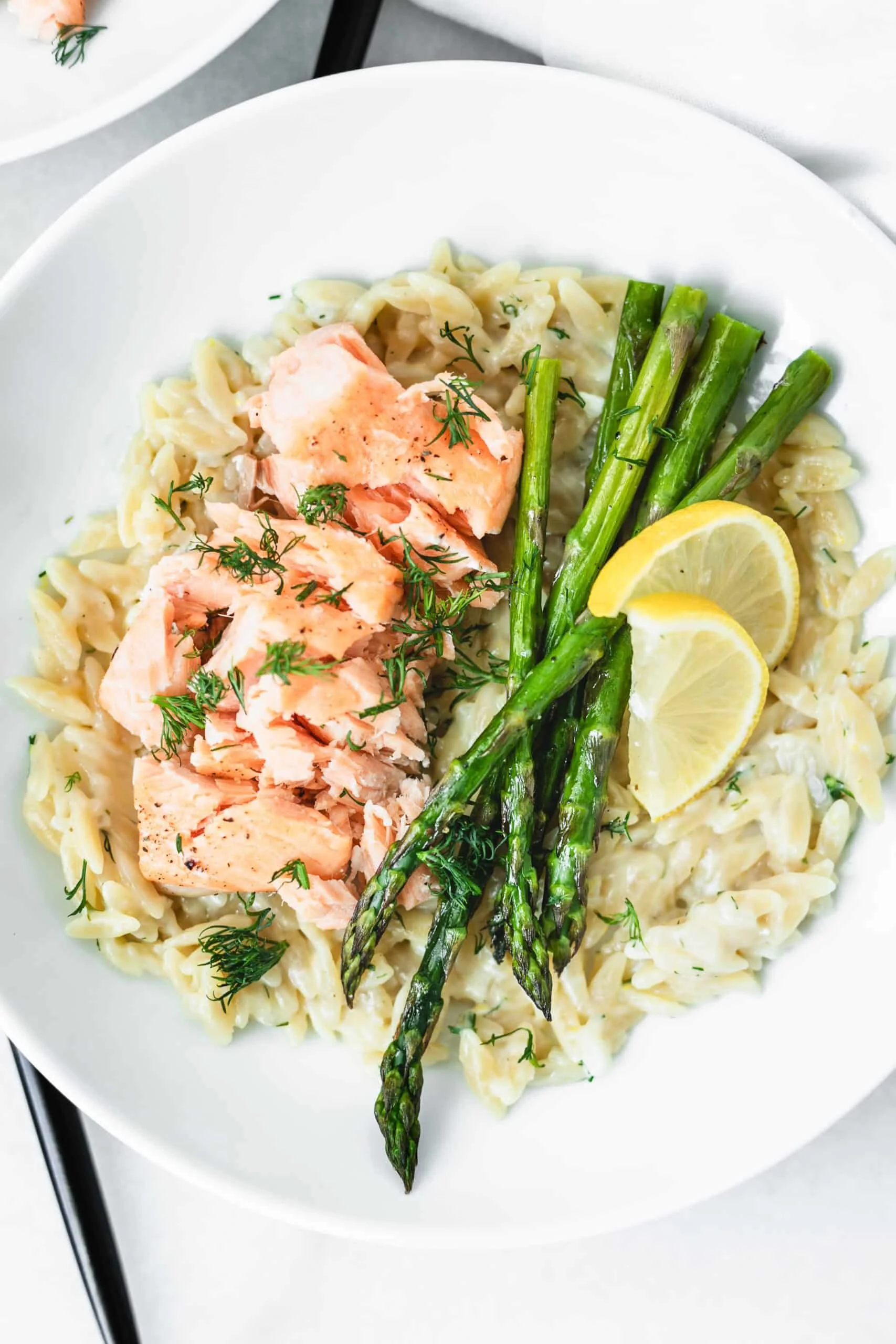 Lemon Parmesan Orzo with Salmon and Asparagus