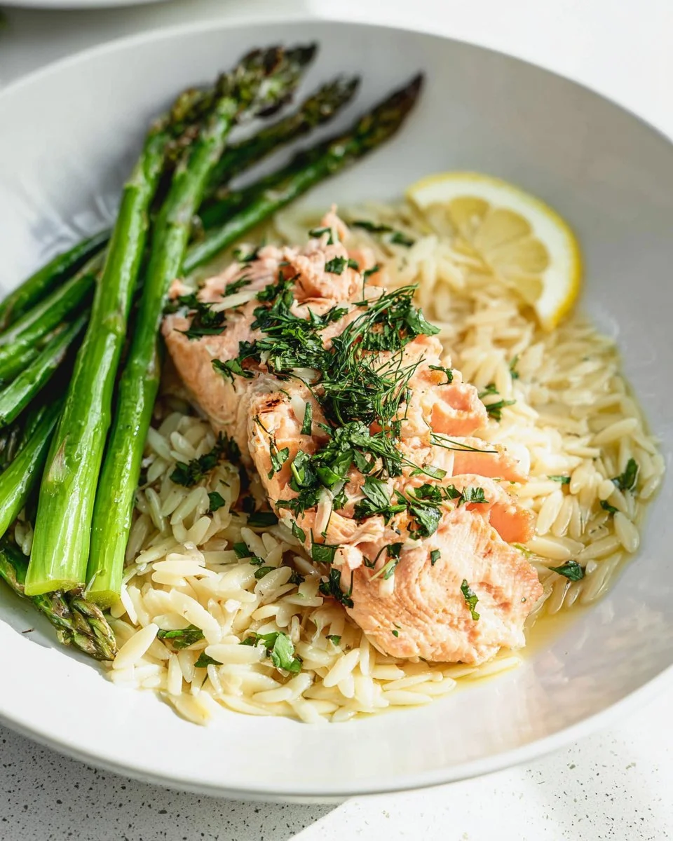 Lemon Parmesan Orzo with Salmon and Asparagus