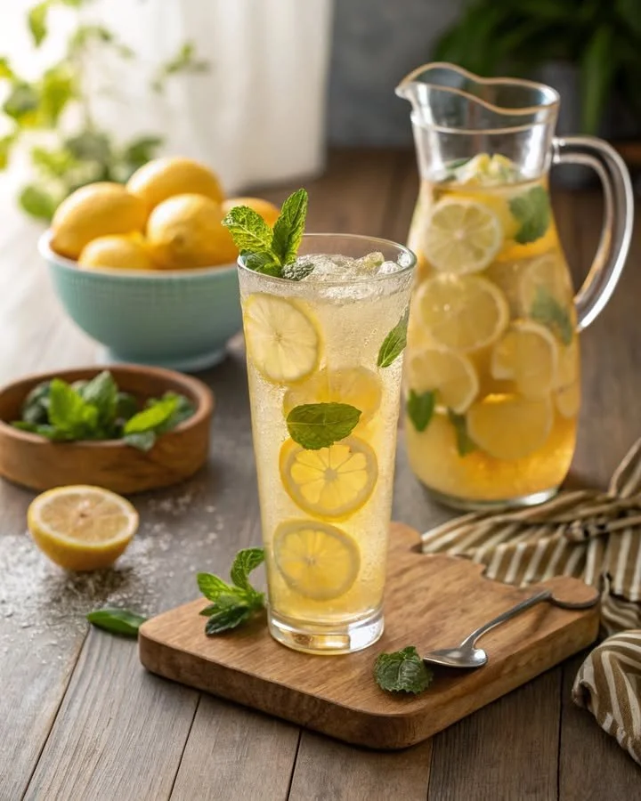 Refreshing lemonade tea in a glass with ice and lemon slices