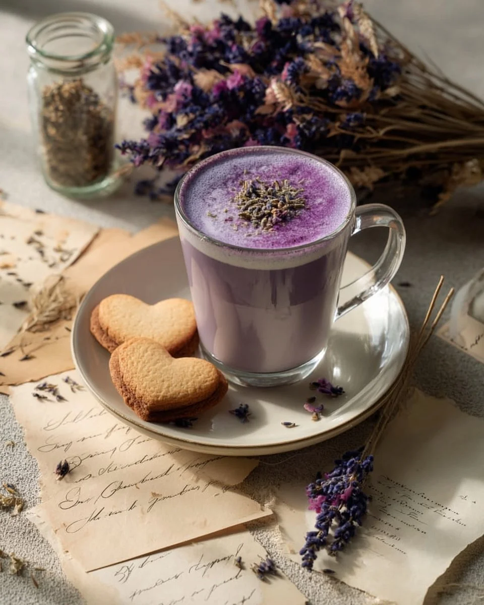 Love Letter Lavender Honey Latte with lavender sprigs and honey drizzle.