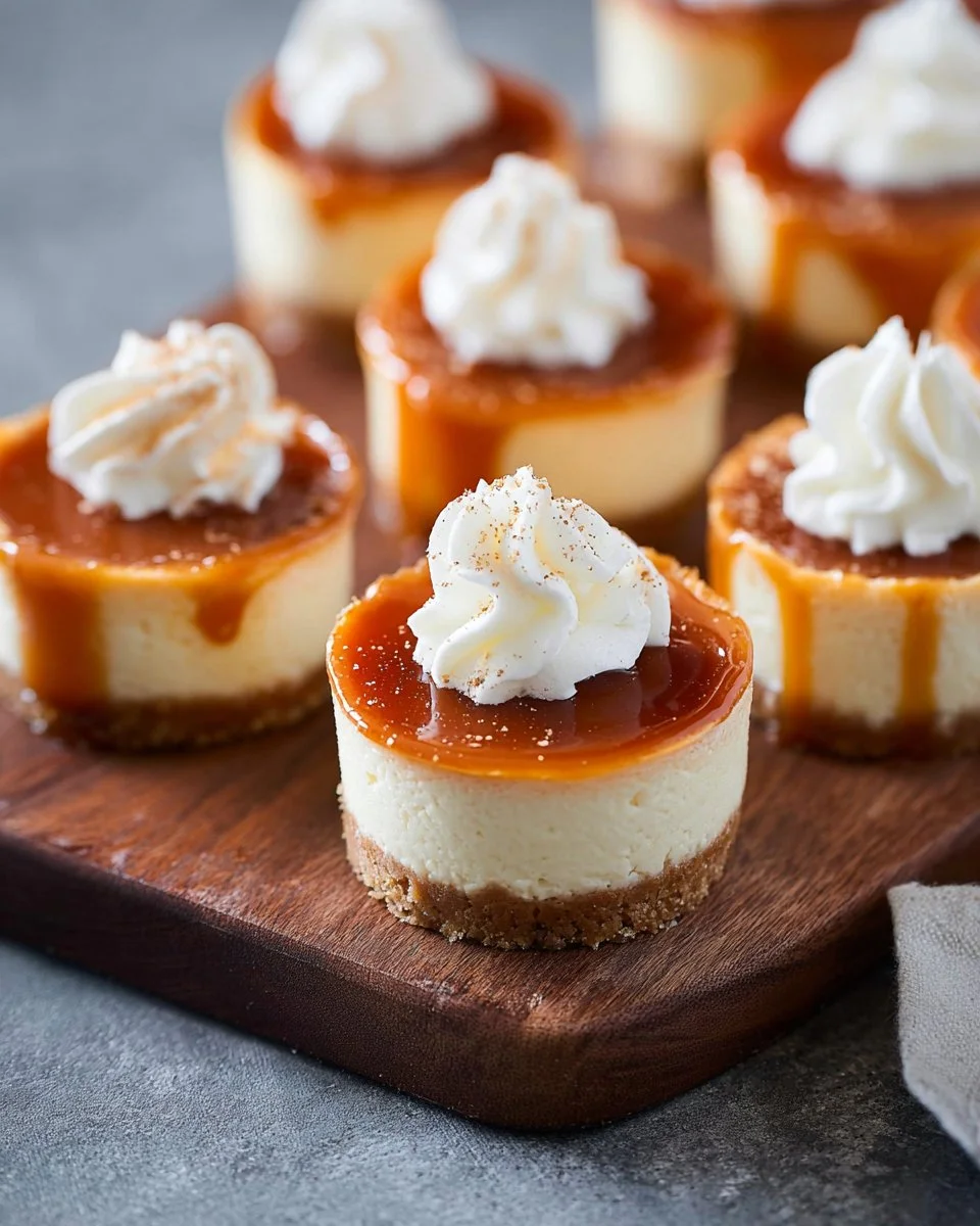 Mini cheesecakes with salted caramel topping on a white plate
