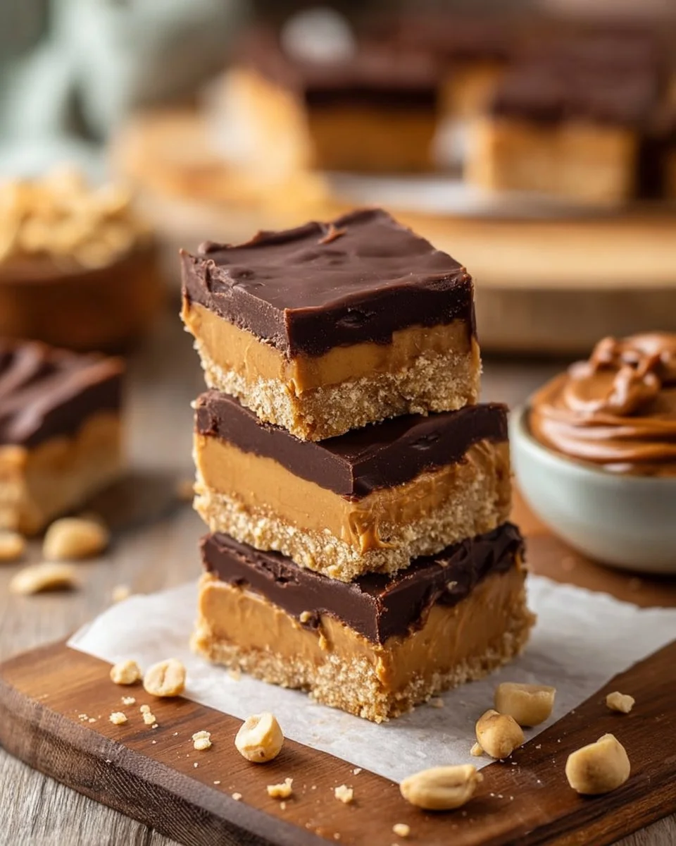 No bake peanut butter cup bars topped with chocolate and peanut butter.