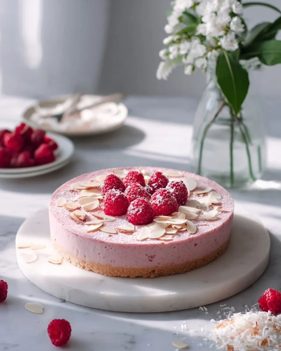 No-bake raspberry coconut tart topped with fresh raspberries and coconut flakes