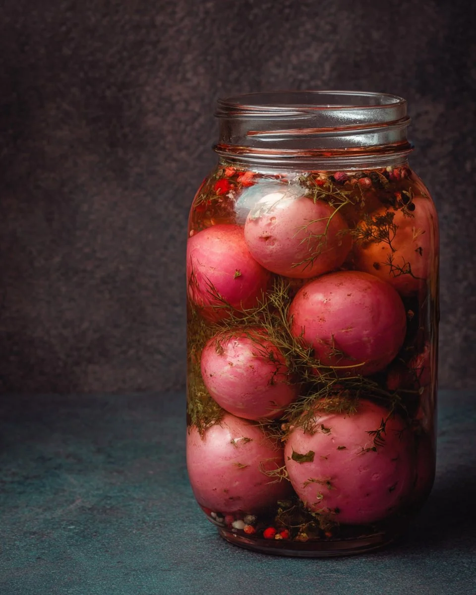 Plate of homemade pickled eggs in various colors and spices
