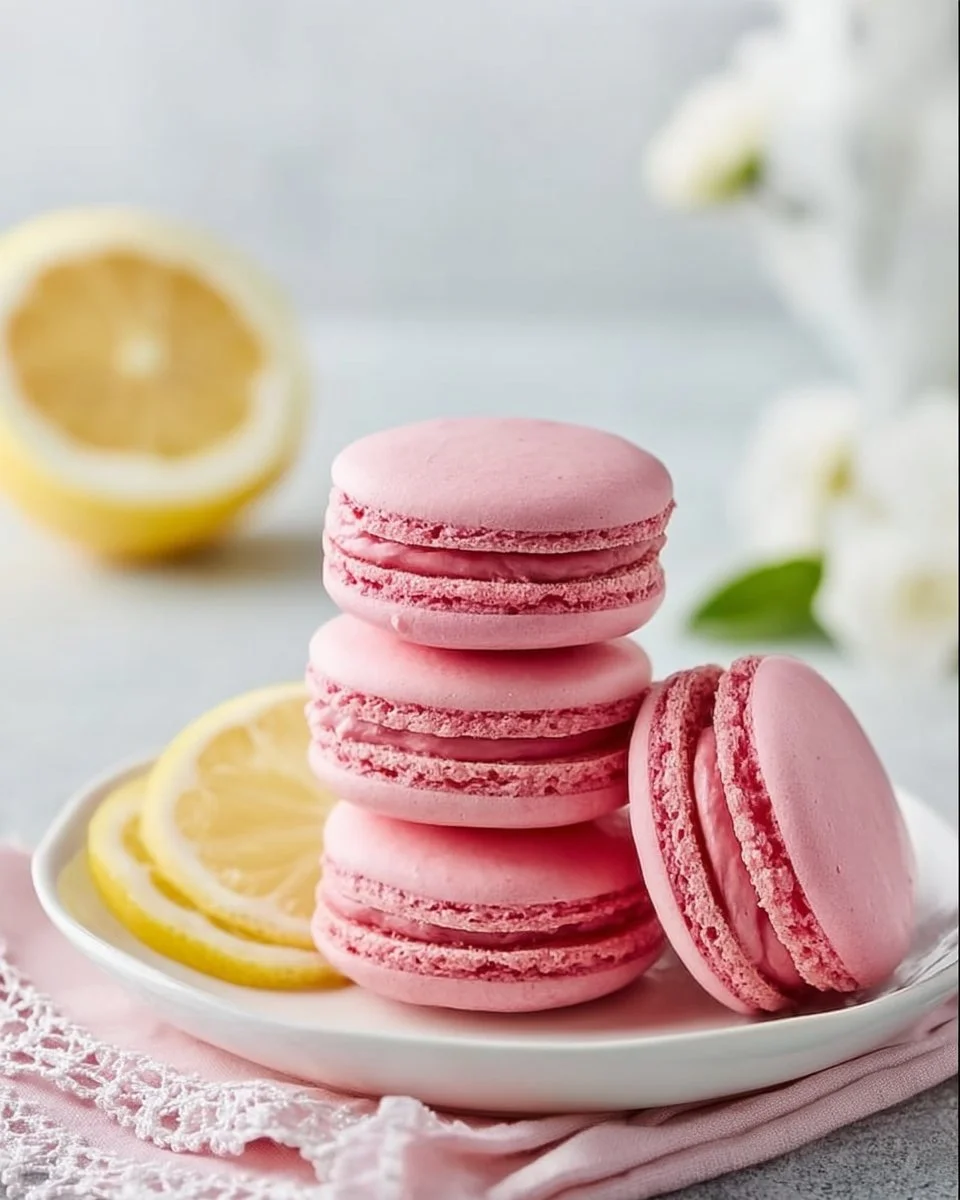 Pink lemonade macarons arranged on a decorative plate