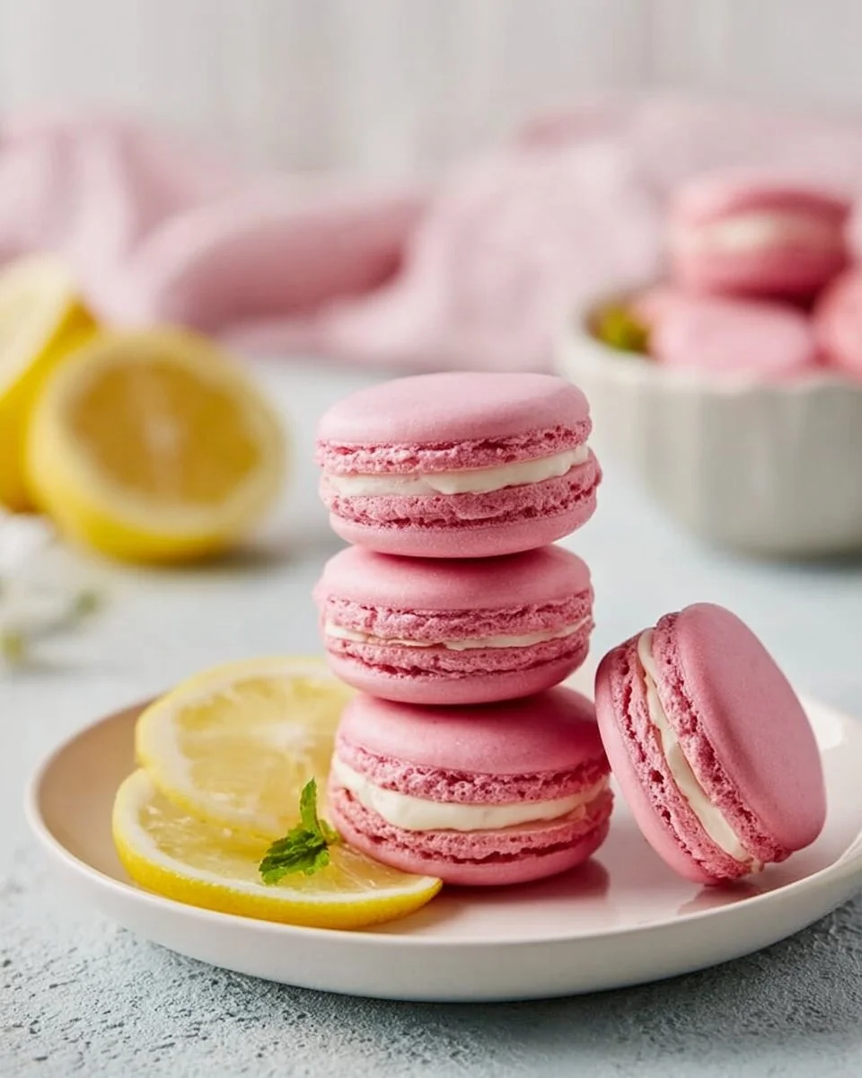 Delicious Pink Lemonade Macarons arranged on a platter