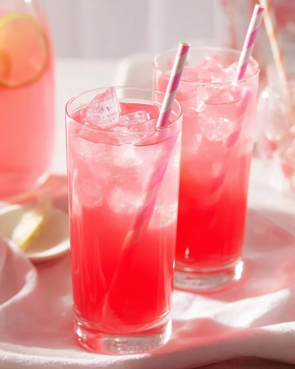 Refreshing Pink Lemonade Punch served in a clear glass with fresh fruit garnishes.