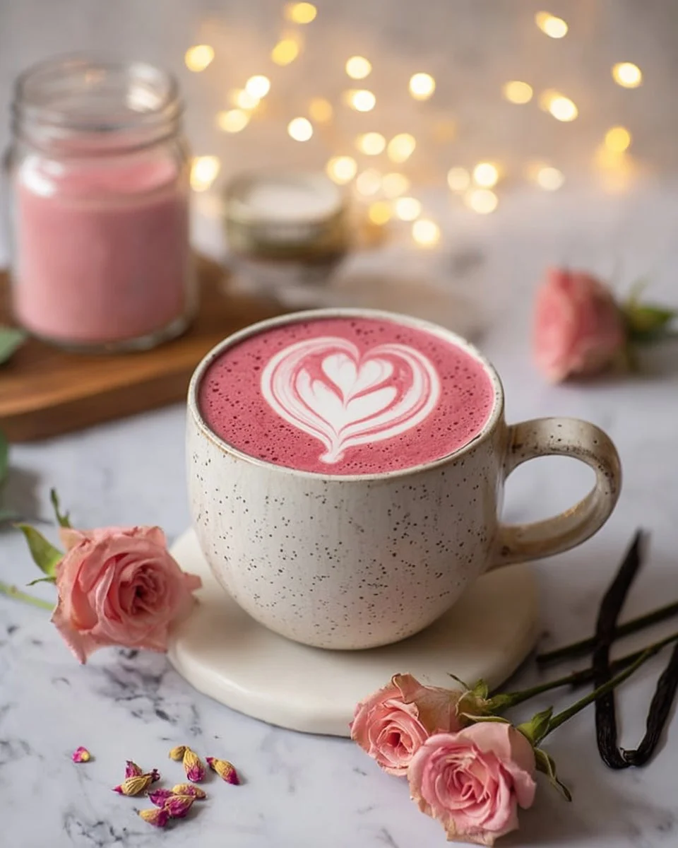 Pink Rose Vanilla Bean Latte with floral accents and creamy texture