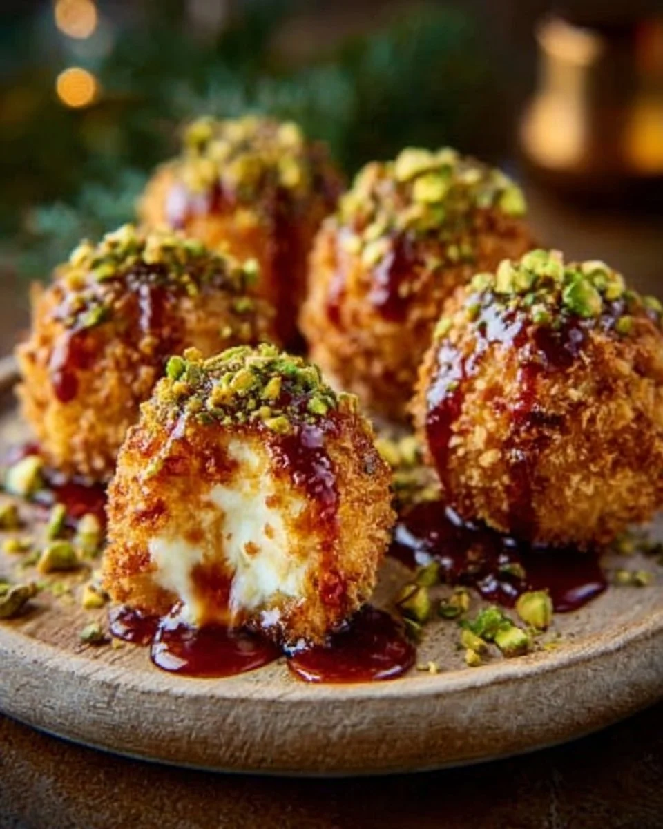 Pistachio-Crusted Brie Bites with Raspberry Honey Glaze
