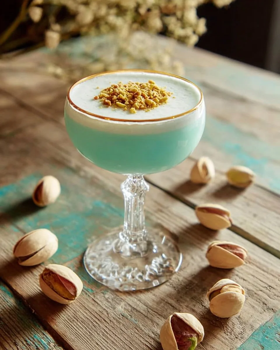 Pistachio Martini cocktail with a decorative glass and pistachio garnish