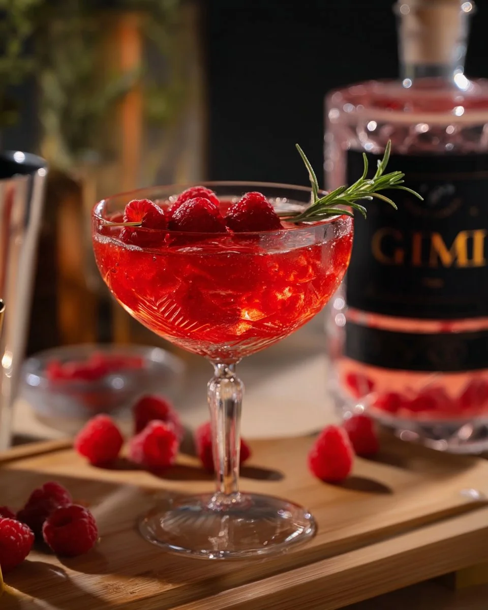 A refreshing Raspberry Kiss drink garnished with fresh raspberries.