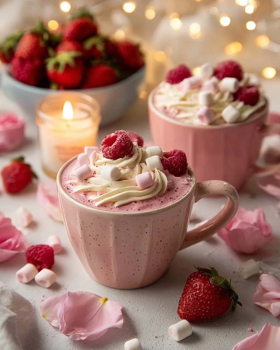 Raspberry Rose Hot Chocolate topped with whipped cream and raspberries