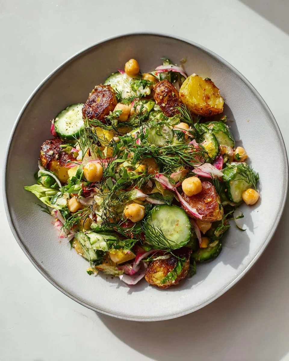 Delicious roasted potato and chickpea salad, a healthy variation of potato salad.