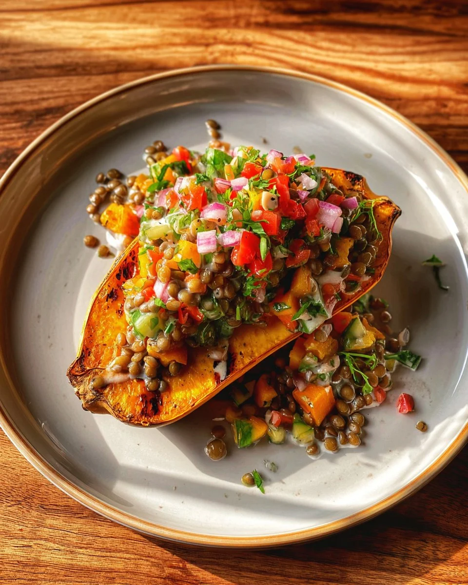 Roasted pumpkin dish served with colorful lentil salad
