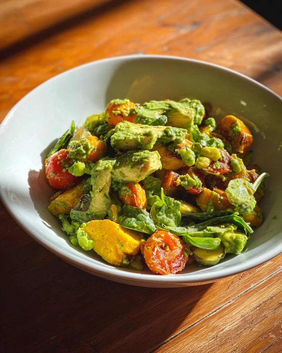 Roasted zucchini salad with pesto served in a bowl, garnished.