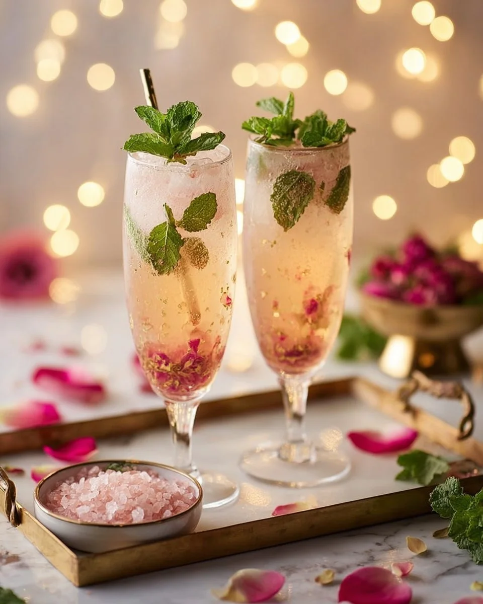 A glass of Rose and Elderflower Garden Fizz garnished with fresh flowers and herbs.