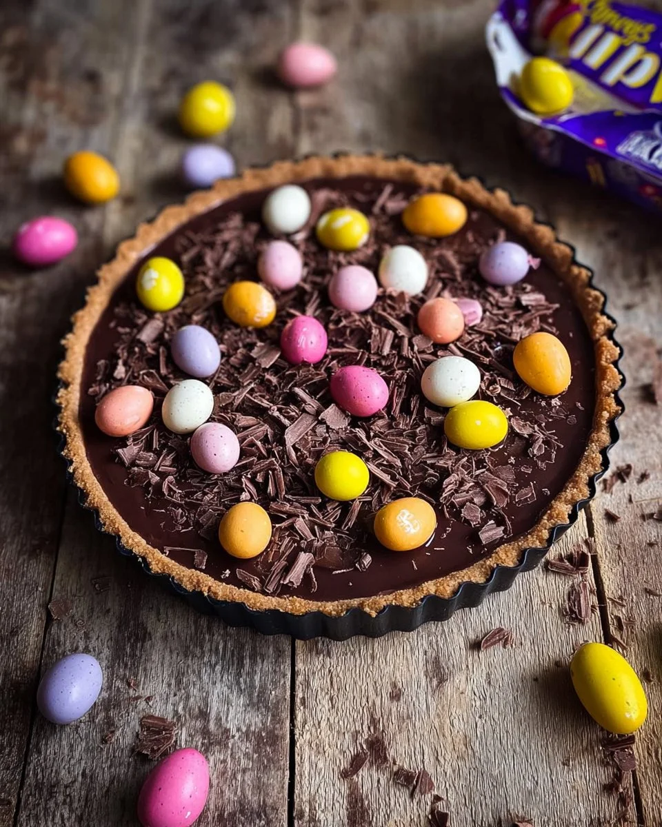 Delicious Salted Caramel Mini Eggs Tart topped with chocolate eggs and nuts