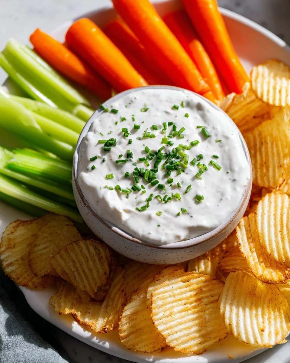Healthy Skinny Ranch Dip served with fresh vegetables and chips