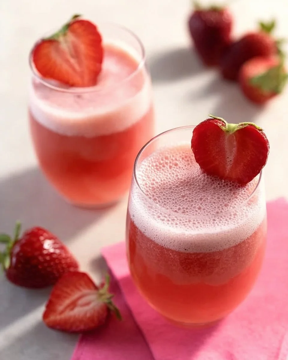 Sparkling strawberry float topped with whipped cream and fresh strawberries