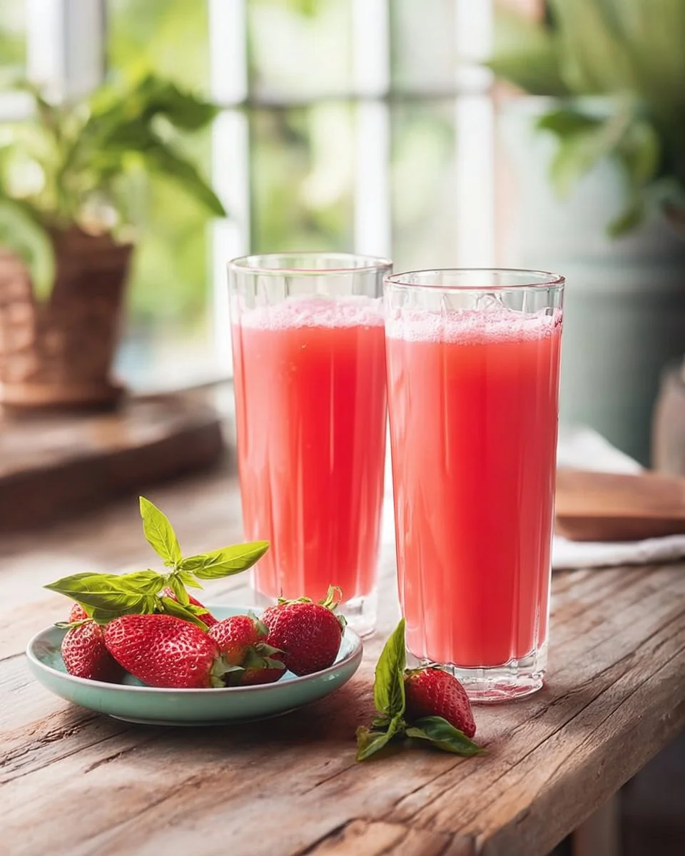 Glass of strawberry basil lemonade with fresh basil leaves and strawberries
