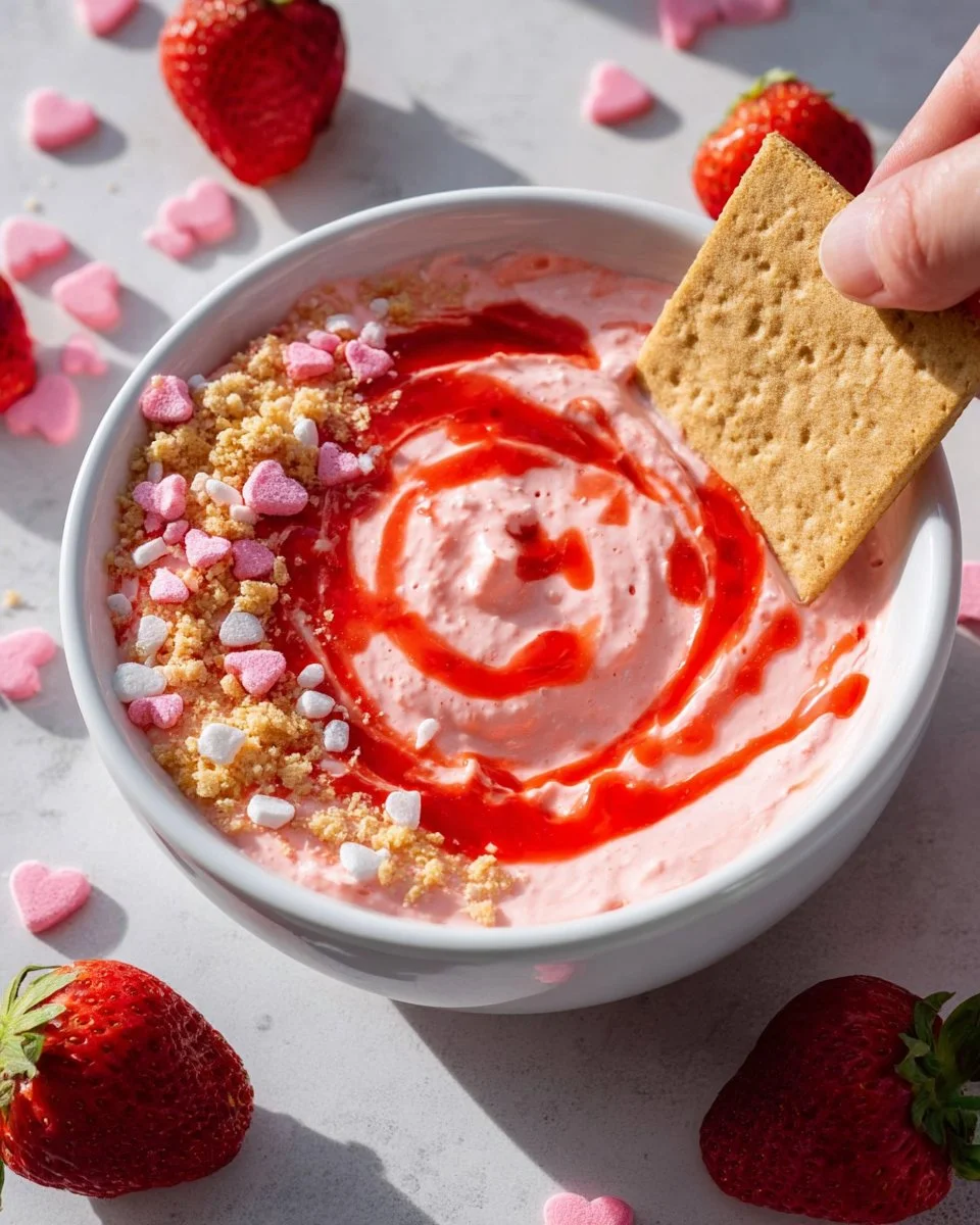 Delicious strawberry cheesecake dip served with berries and crackers