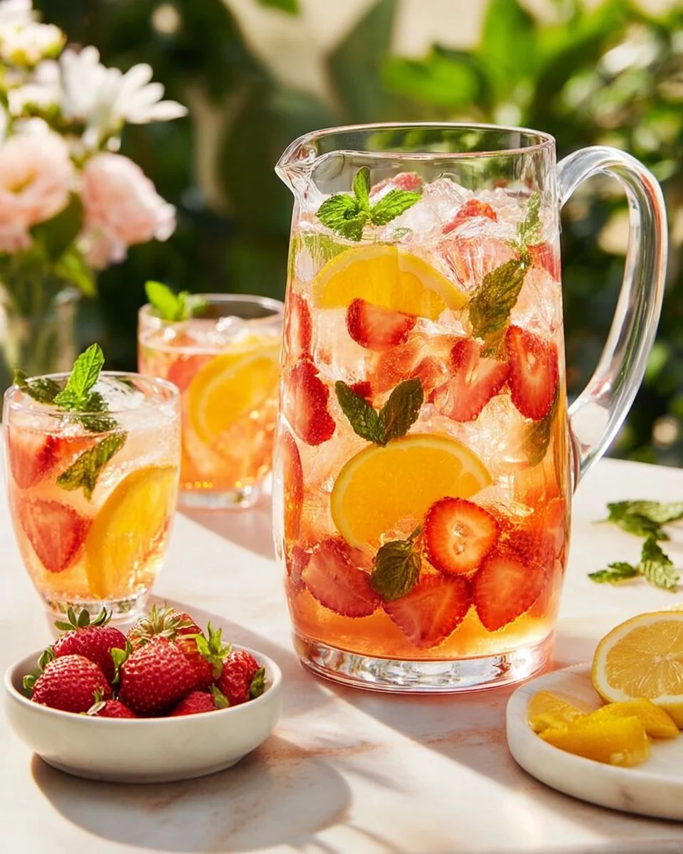 Strawberry Mocktail Sangria Pitcher with fresh strawberries and mint leaves