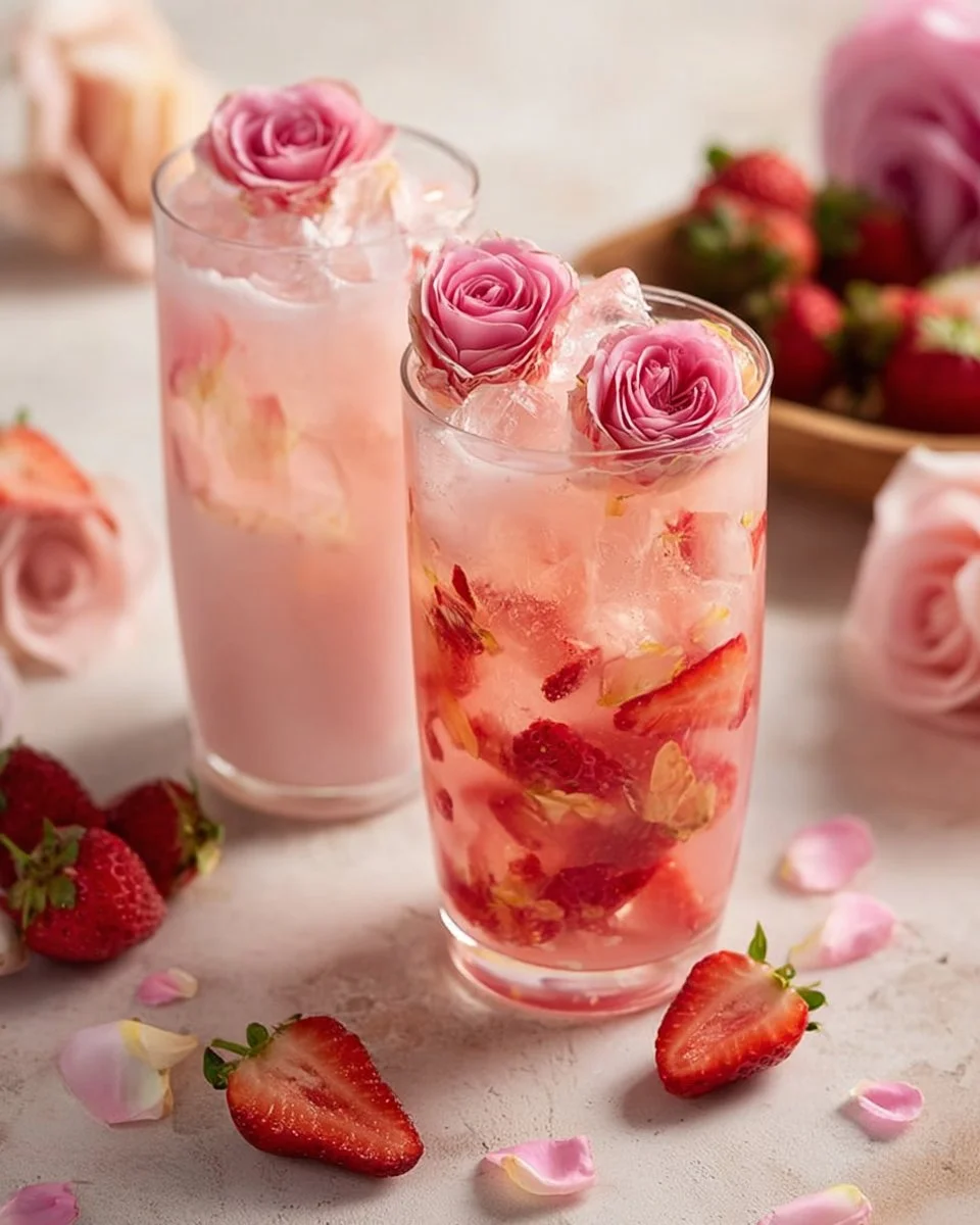 Delicious Sweetheart Strawberry Rose Milk with fresh strawberries and rose essence