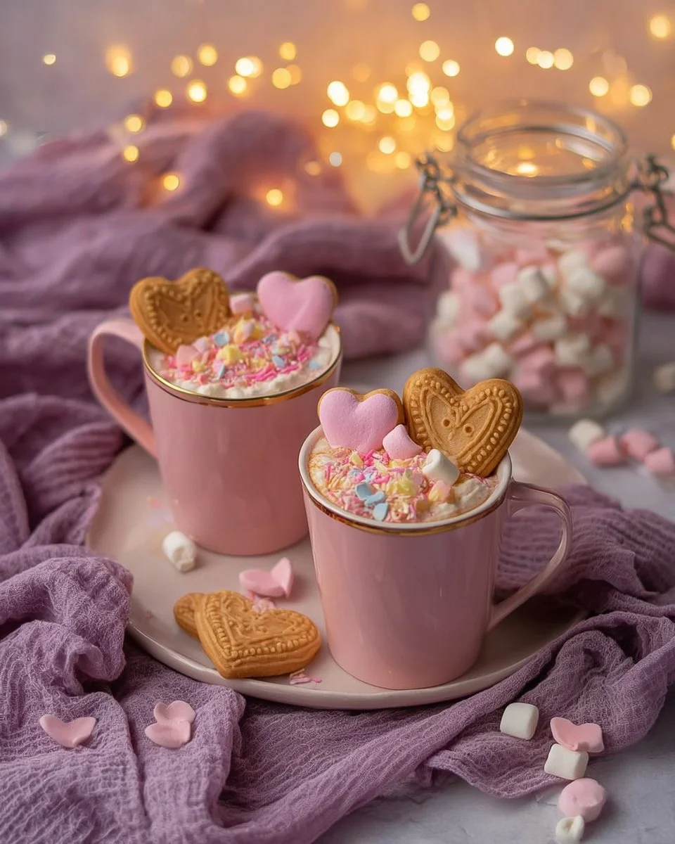 Sweetheart Sugar Cookie Hot Chocolate topped with whipped cream and cookie sprinkles