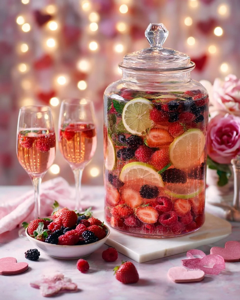 Valentine's Day Pink Batch Cocktail pitcher filled with pink drinks