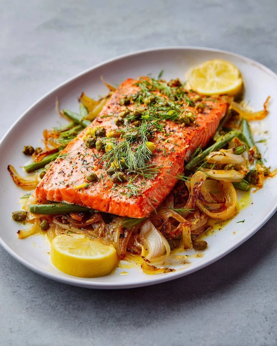 Wild Salmon fillet topped with fennel and pistachios on a plate