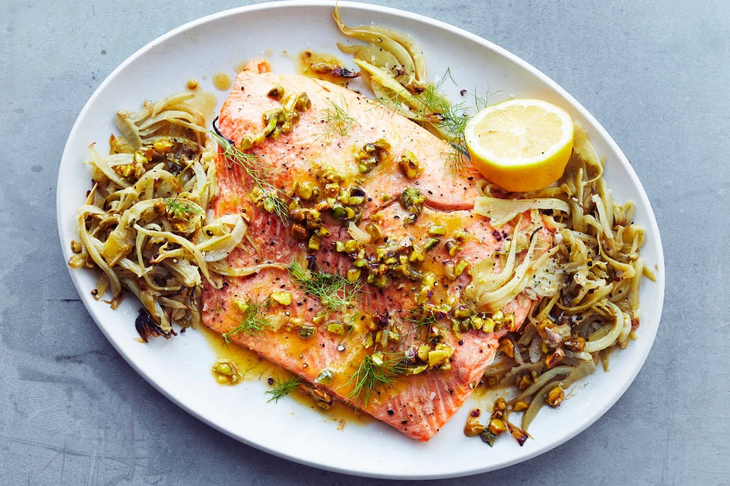 Wild Salmon with Fennel and Pistachio Topping
