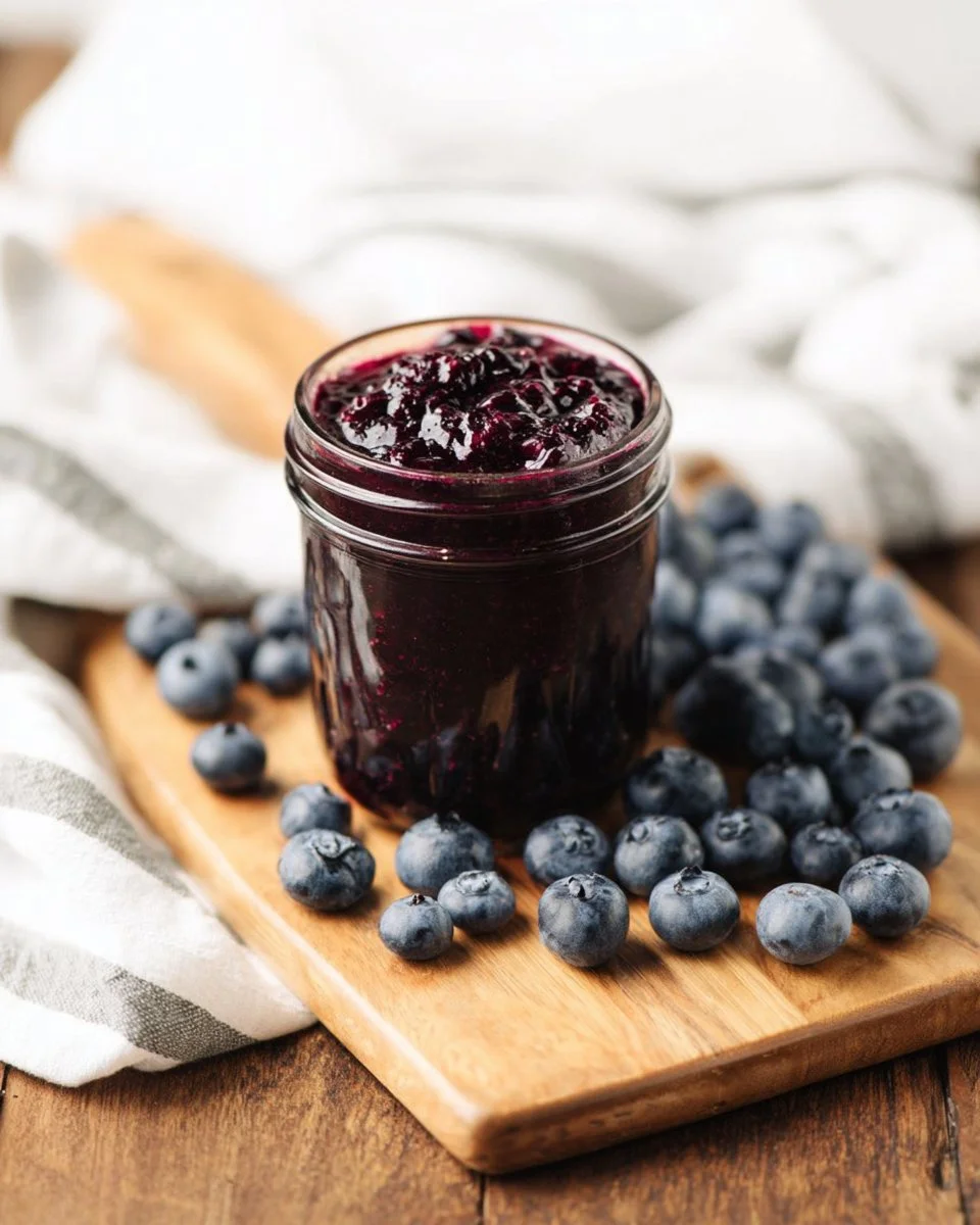 Homemade blueberry chia jam in a jar with fresh blueberries and chia seeds