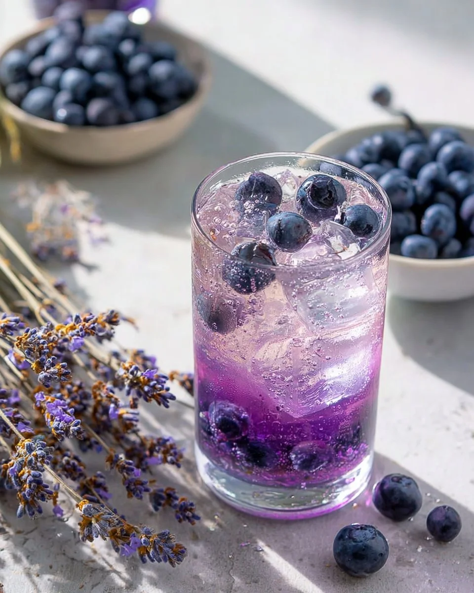 Blueberry Lavender Mocktail garnished with fresh blueberries and lavender sprigs