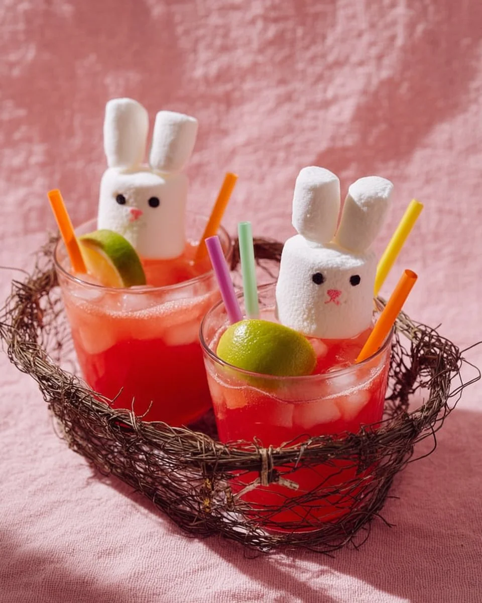 Bunny Trail Punch Easter mocktail recipe in a glass with colorful decorations