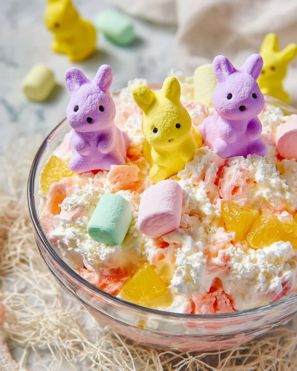 Easter Fruit Fluff dessert with colorful fruits and whipped cream on a table.