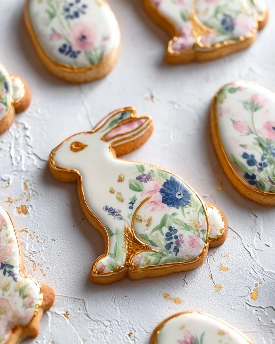 Colorful floral bunny and egg sugar cookies decorated for spring celebrations