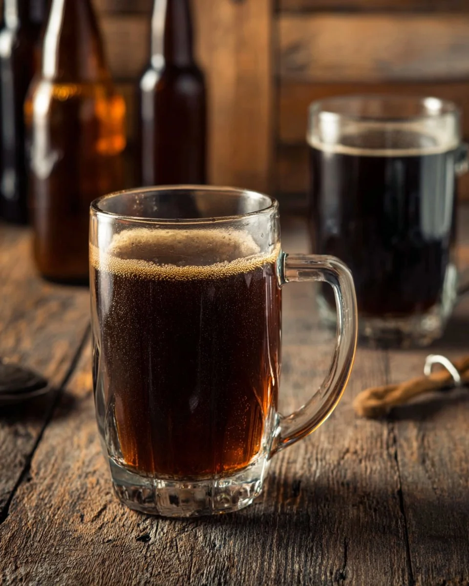 Glass of homemade root beer frothing with foam and served in a vintage mug.