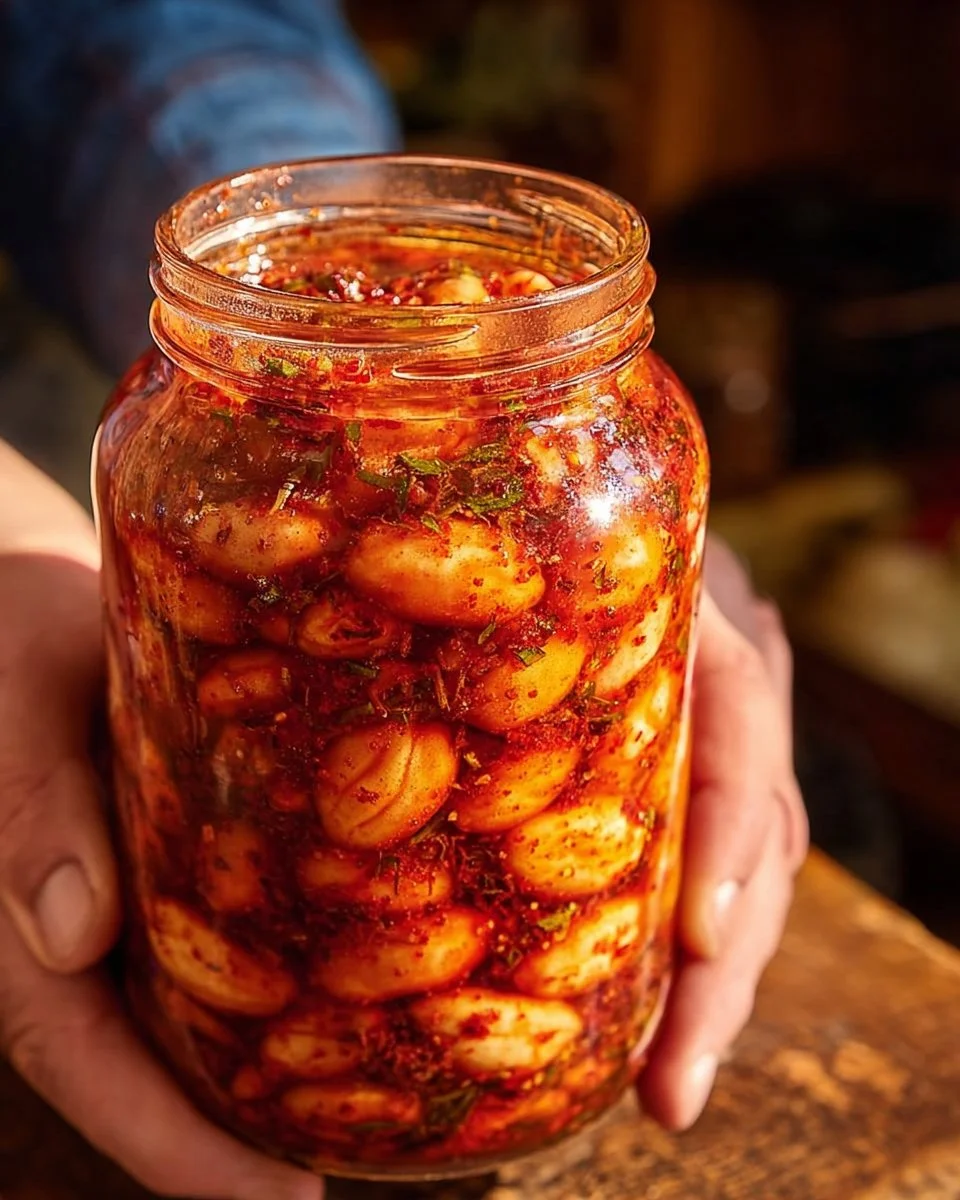 Homemade spicy pickled garlic cloves in a jar