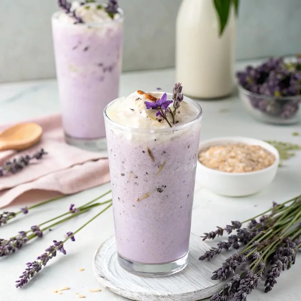 A refreshing Lavender Coconut Cooler drink served in a glass with lavender sprigs.