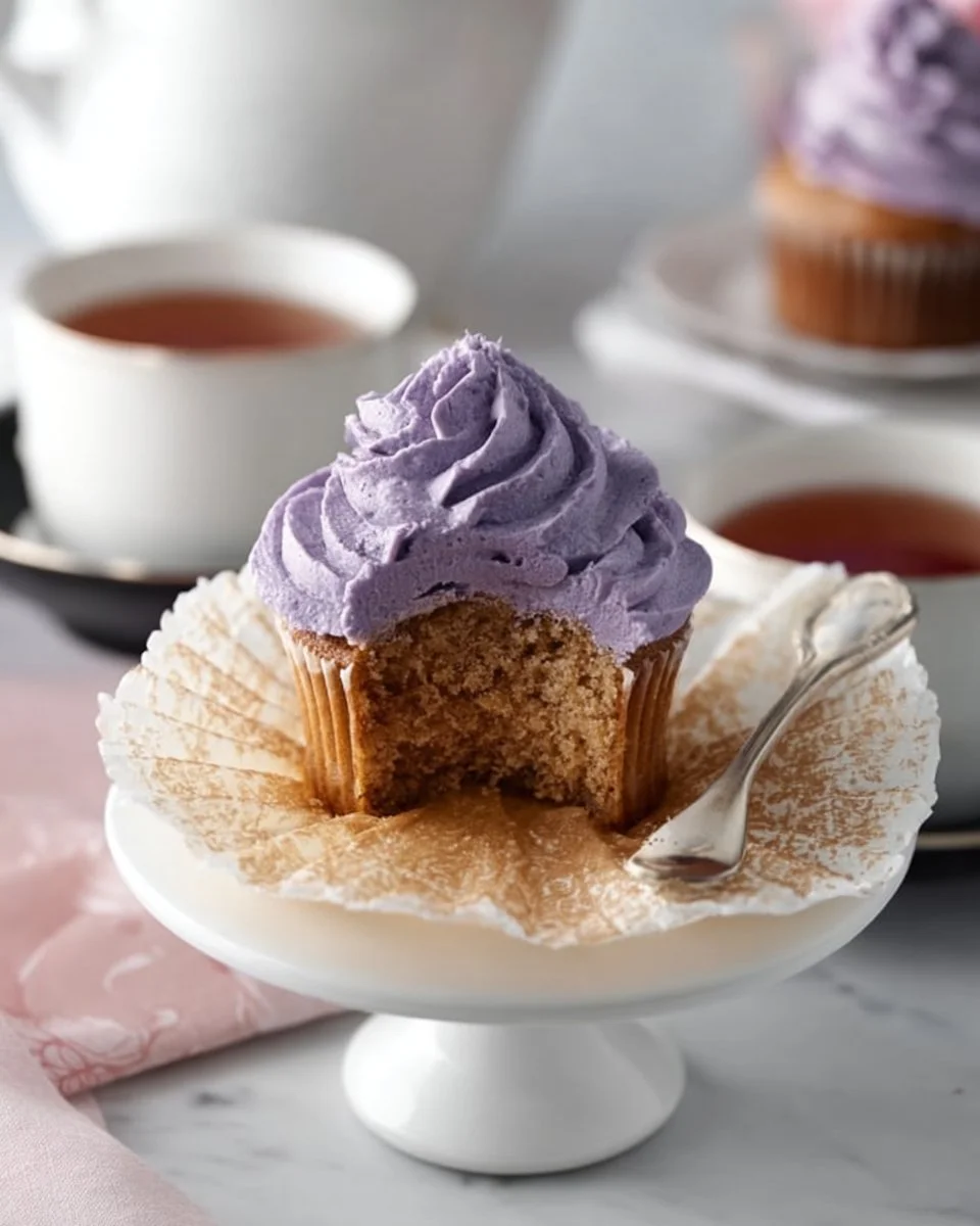 Delicious Lavender London Fog Cupcakes with Earl Grey flavor and lavender icing