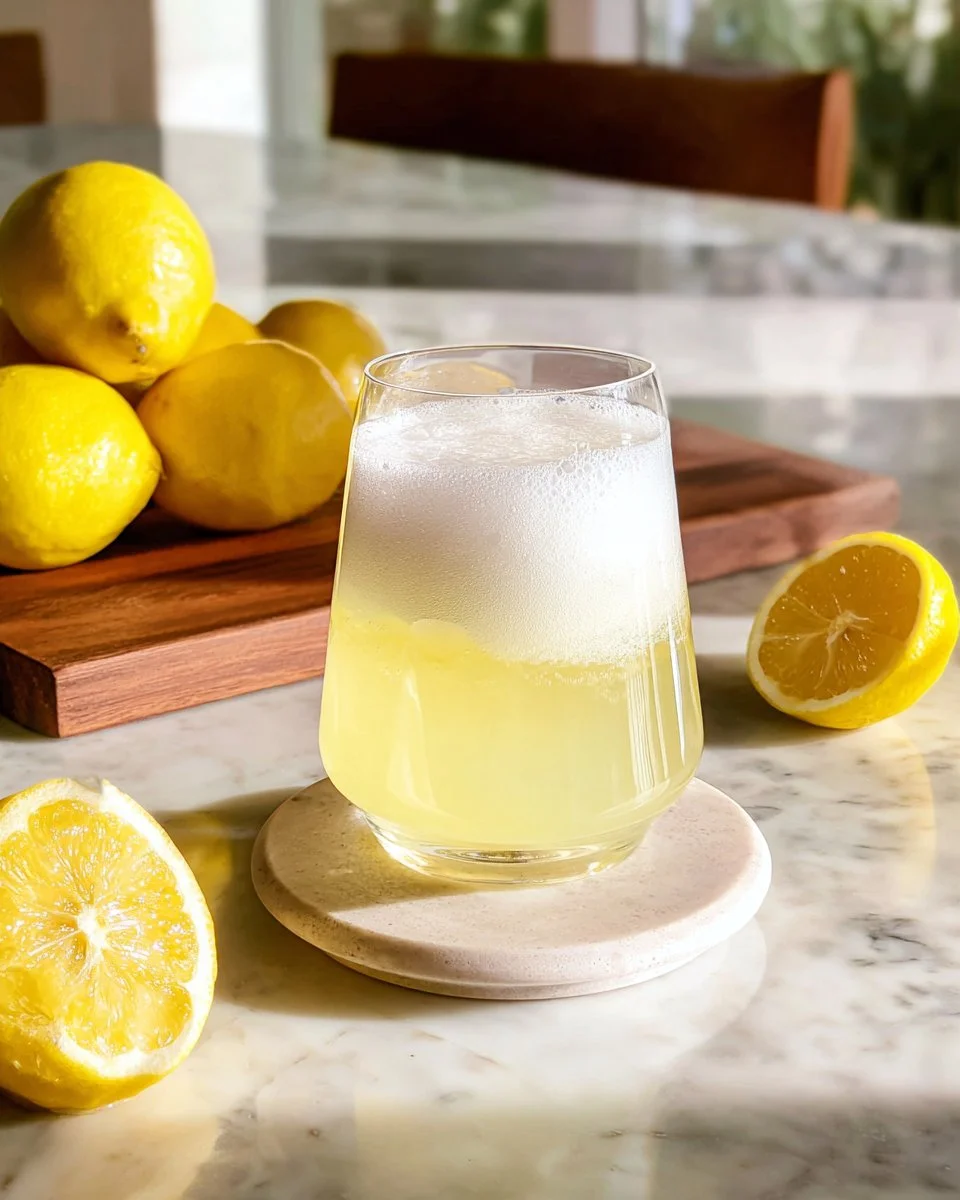 Limoncello mocktail float with lemon slices and sparkling water in a glass