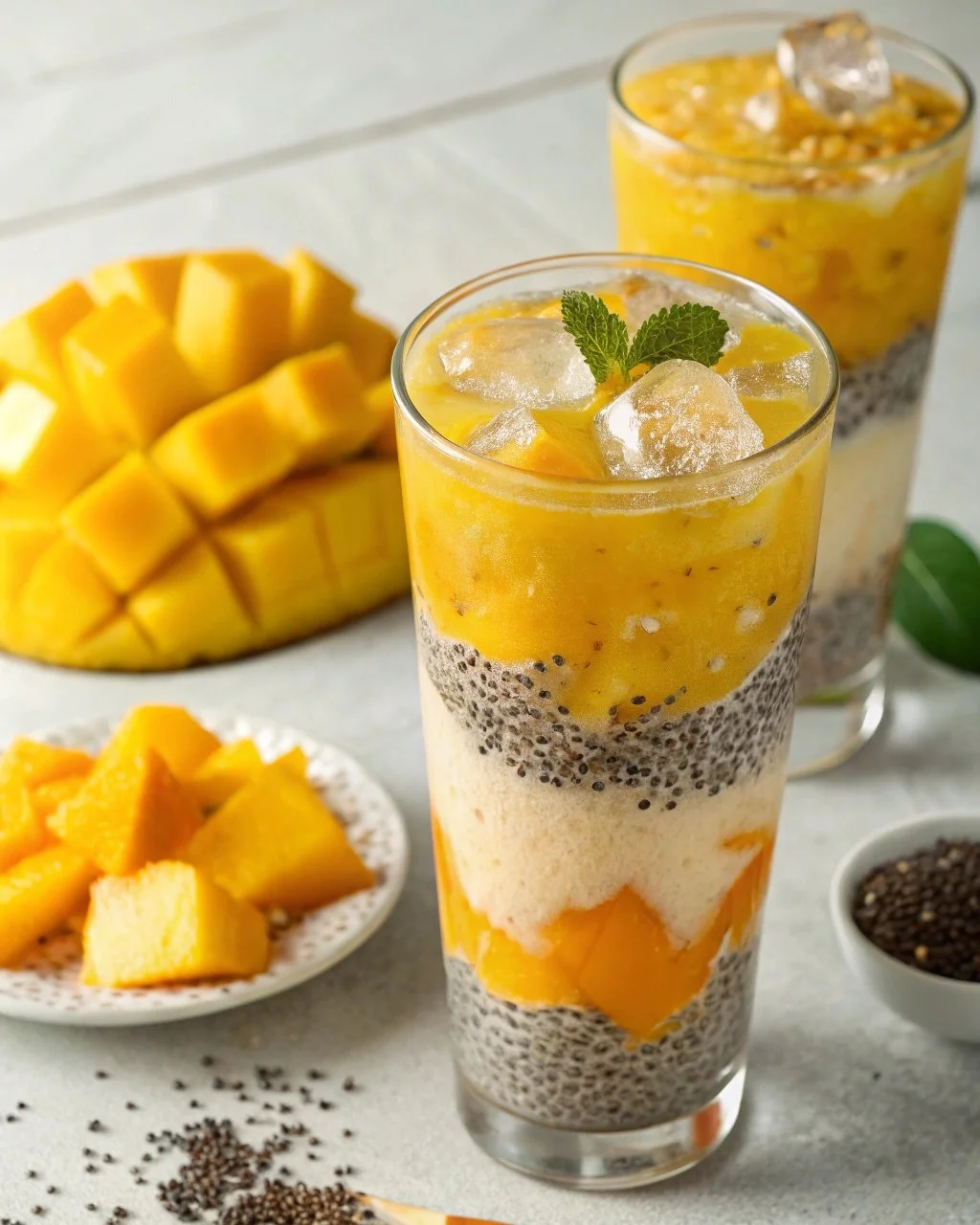 Mango Chia Iced Drink with vibrant mango slices and chia seeds
