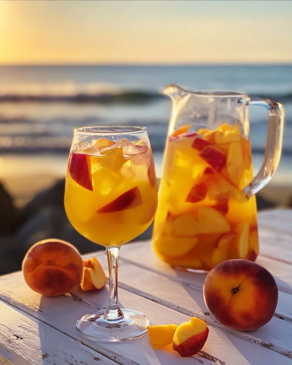 Glass of Mango Peach White Summer Mocktail Sangria garnished with fresh fruits