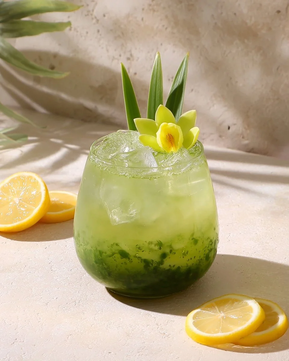 A refreshing Matcha Mocktail garnished with fresh mint leaves and citrus slices.