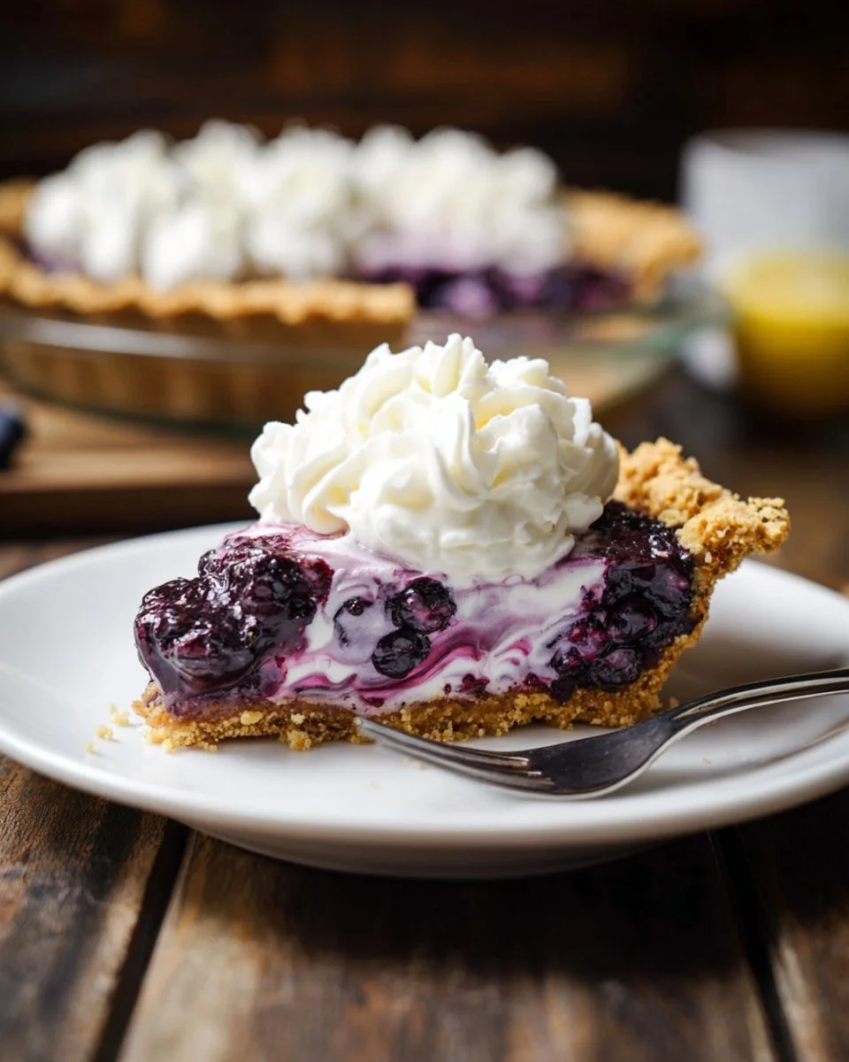 No-bake blueberry lemon cheesecake tart on a plate with fresh blueberries