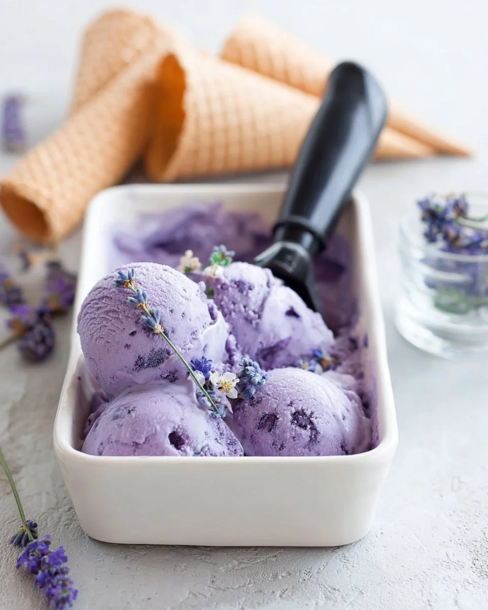 No-churn blueberry lavender ice cream served in a bowl with fresh berries